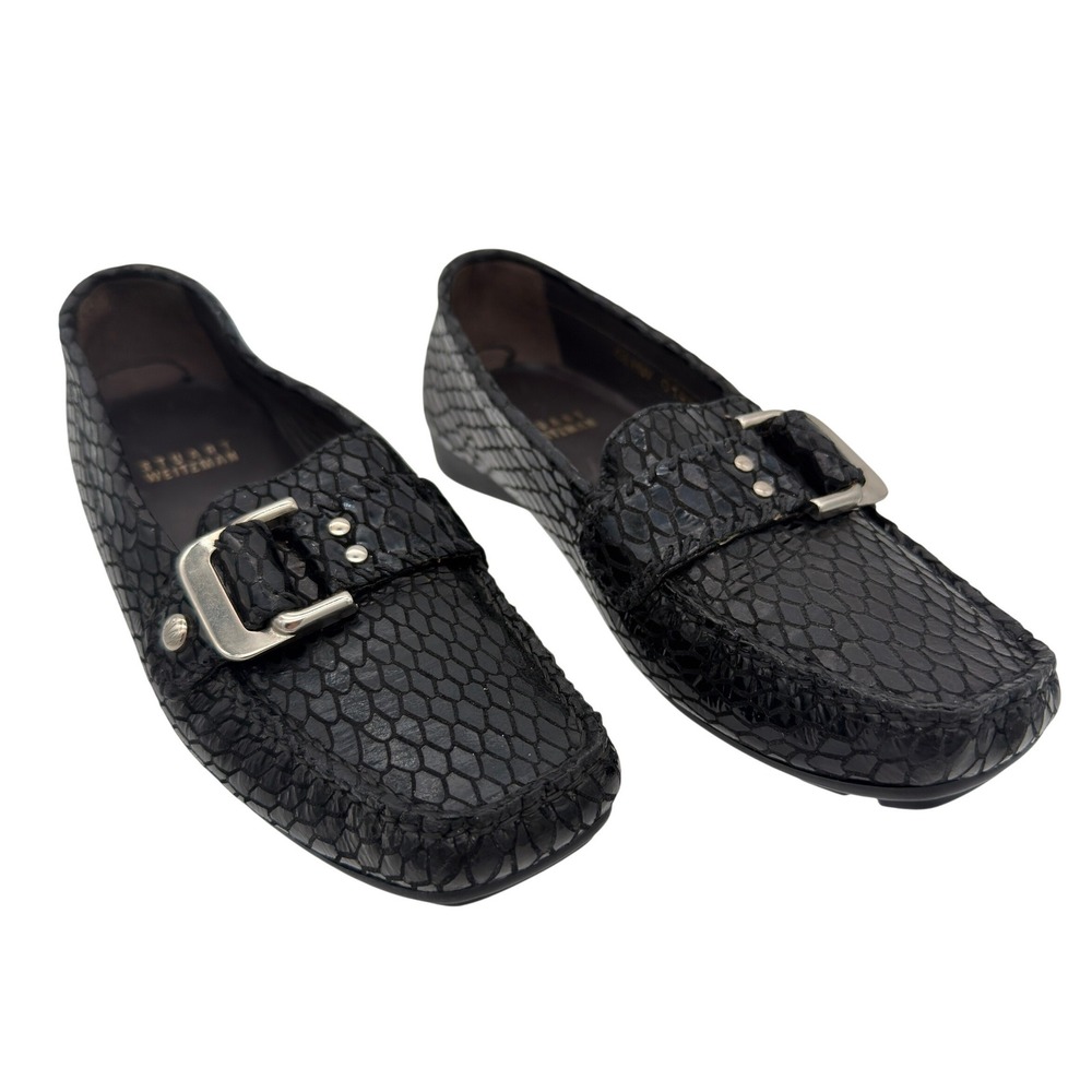 Stuart Weitzman Snakeskin Embossed Leather Loafers Women's 5 Buckle Flats